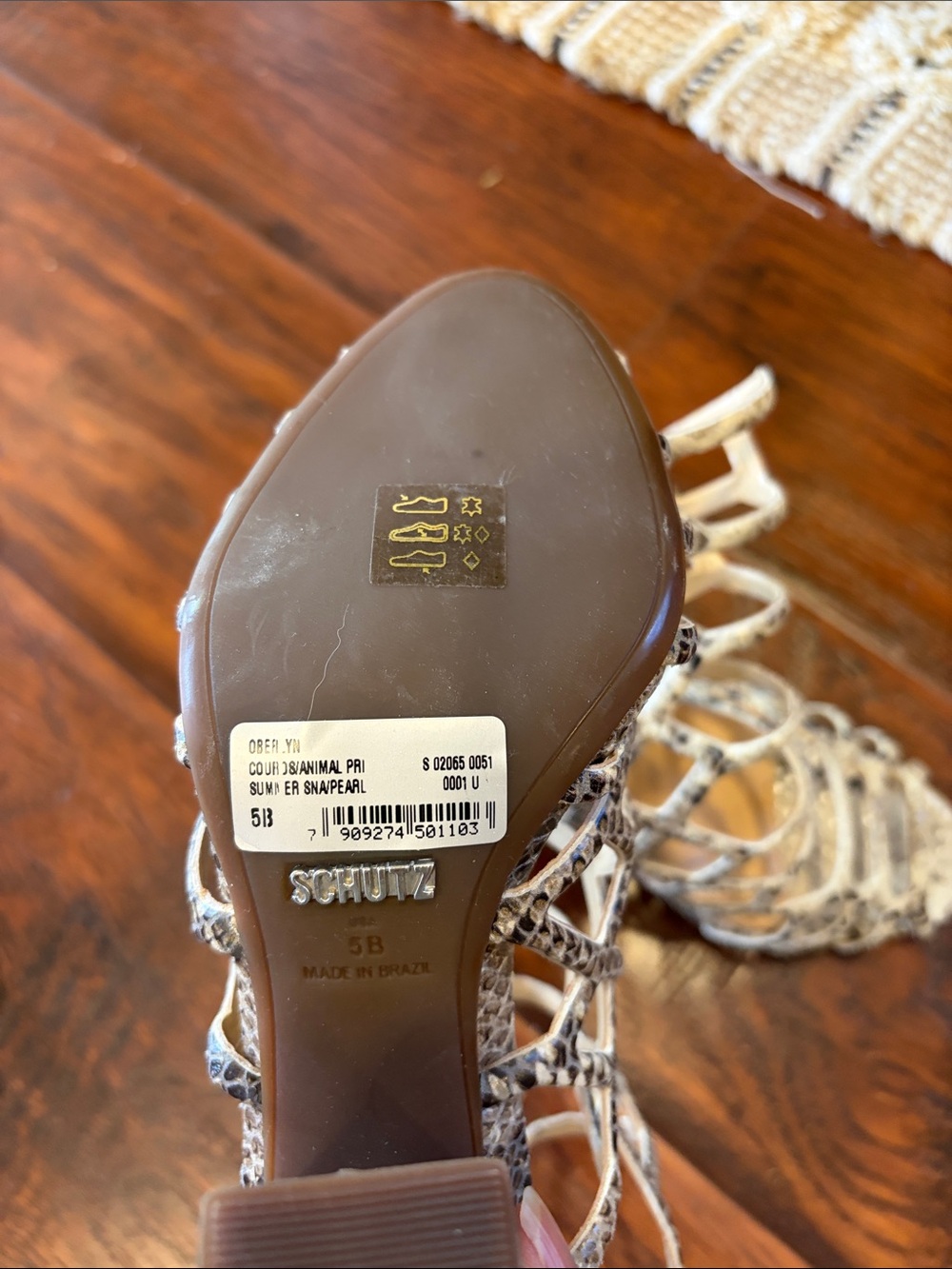 SCHUTZ Snake-Print Cage Sandals in Cream and Gray - Picture 3 of 3
